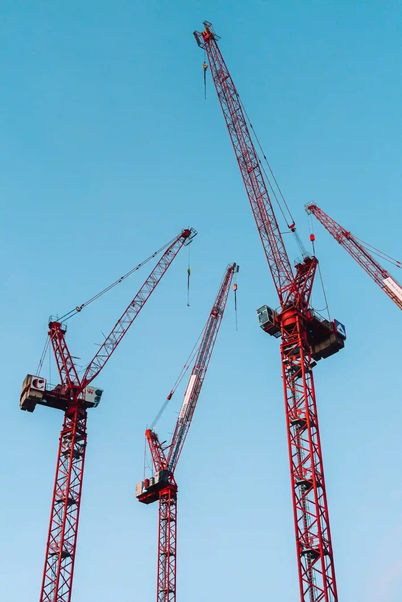 Construction cranes towering against a clear blue sky